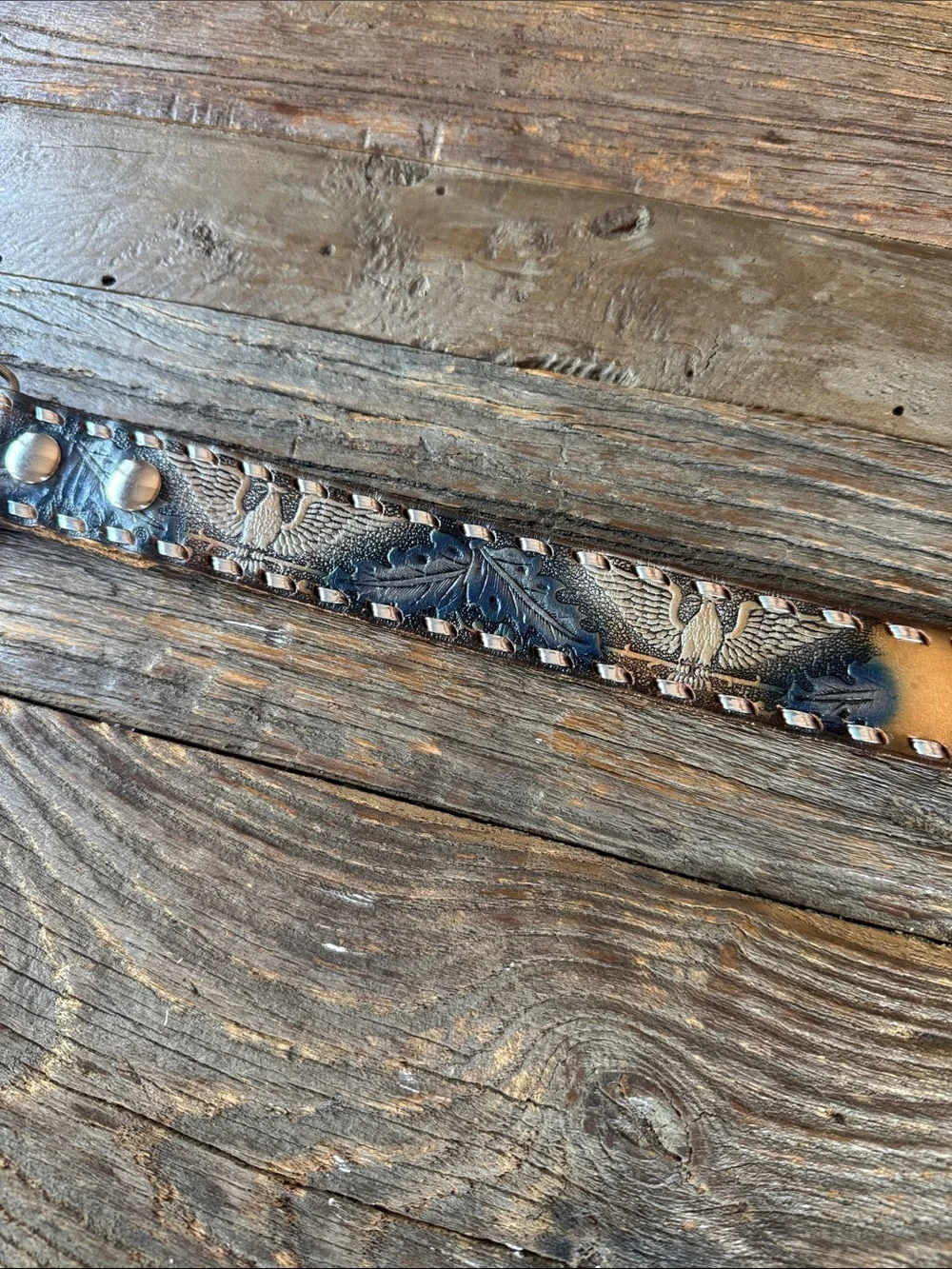 Western‎ leather tooled belt, double heart Silvertone buckle w/ name Amy 36”